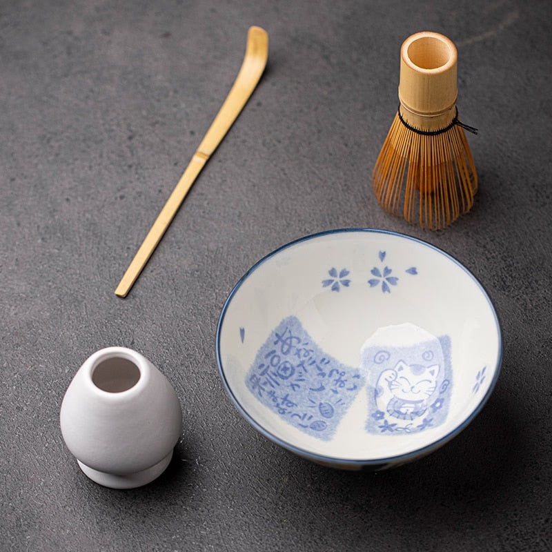 Japanese Lovely Cat Ceramic Matcha Bowl with Bamboo Whisk and Chasen Holder acacuss
