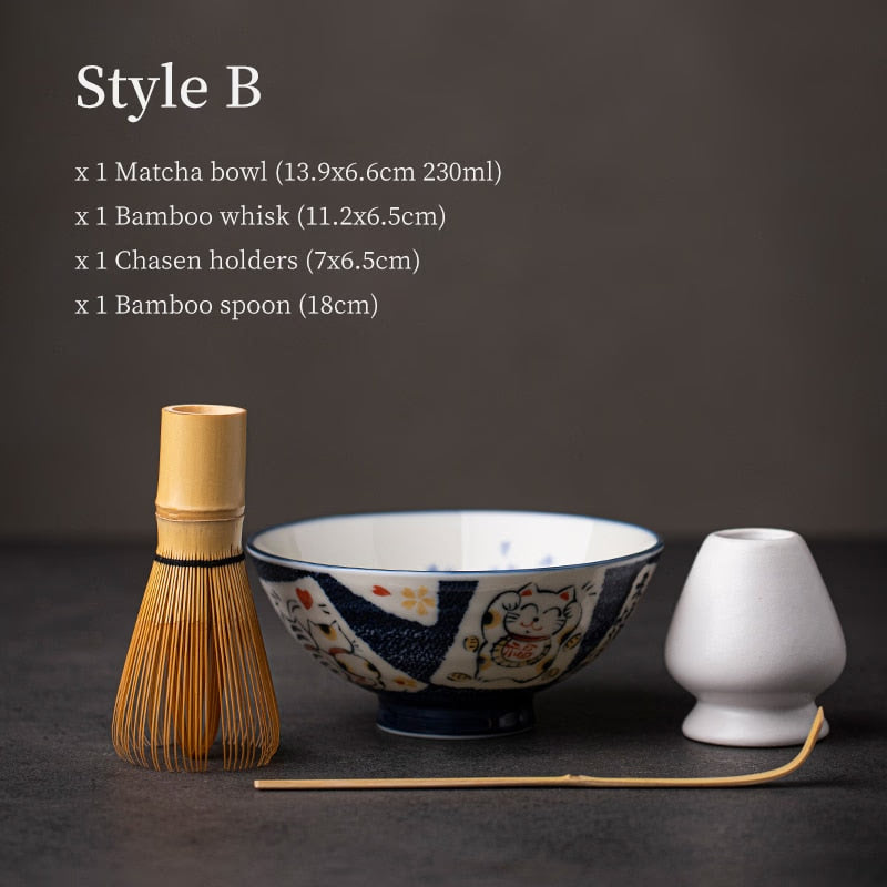 Japanese Lovely Cat Ceramic Matcha Bowl with Bamboo Whisk and Chasen Holder acacuss