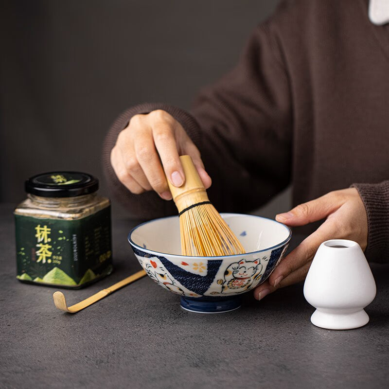 Japanese Lovely Cat Ceramic Matcha Bowl with Bamboo Whisk and Chasen Holder acacuss
