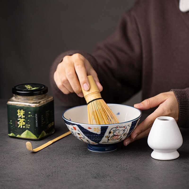 Japanese Lovely Cat Ceramic Matcha Bowl with Bamboo Whisk and Chasen Holder acacuss
