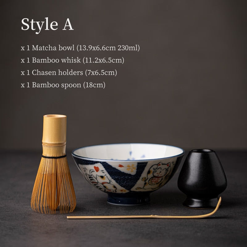 Japanese Lovely Cat Ceramic Matcha Bowl with Bamboo Whisk and Chasen Holder acacuss