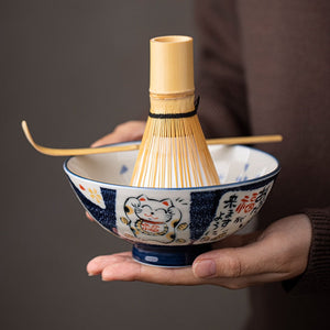 Japanese Lovely Cat Ceramic Matcha Bowl with Bamboo Whisk and Chasen Holder acacuss
