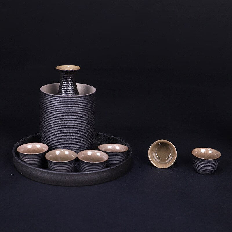 Japanese Style Ceramic Sake Pot Cup Set Black Pottery Liquor Wine Bottle Cups Tray acacuss