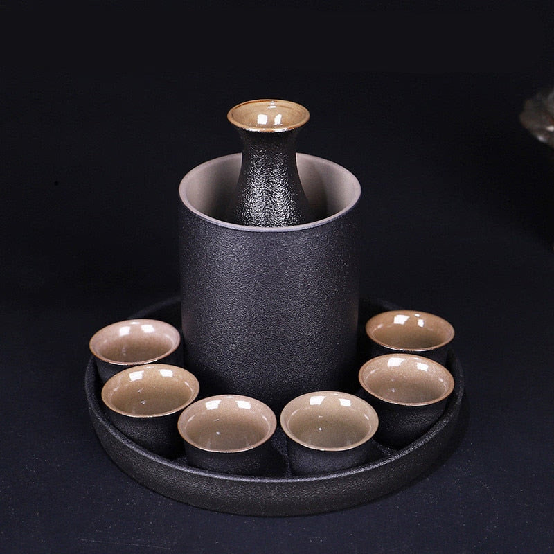Japanese Style Ceramic Sake Pot Cup Set Black Pottery Liquor Wine Bottle Cups Tray acacuss