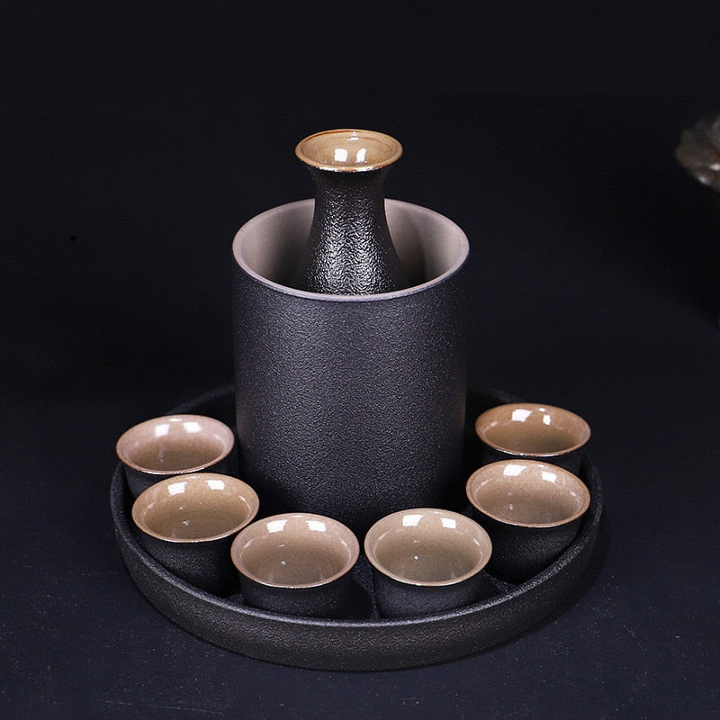 Japanese Style Ceramic Sake Pot Cup Set Black Pottery Liquor Wine Bottle Cups Tray acacuss