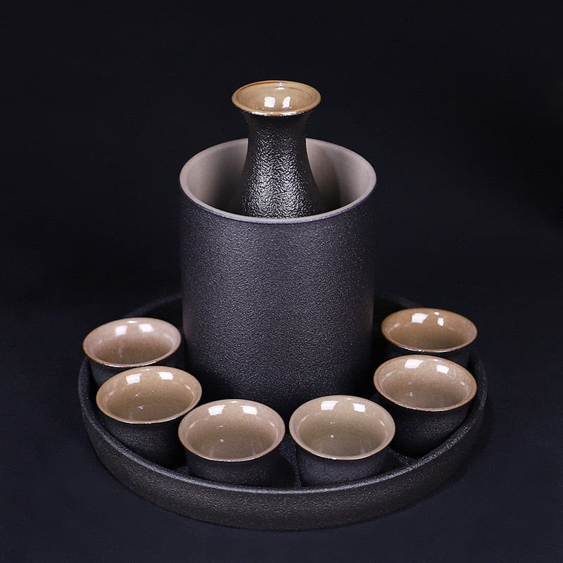 Japanese Style Ceramic Sake Pot Cup Set Black Pottery Liquor Wine Bottle Cups Tray acacuss
