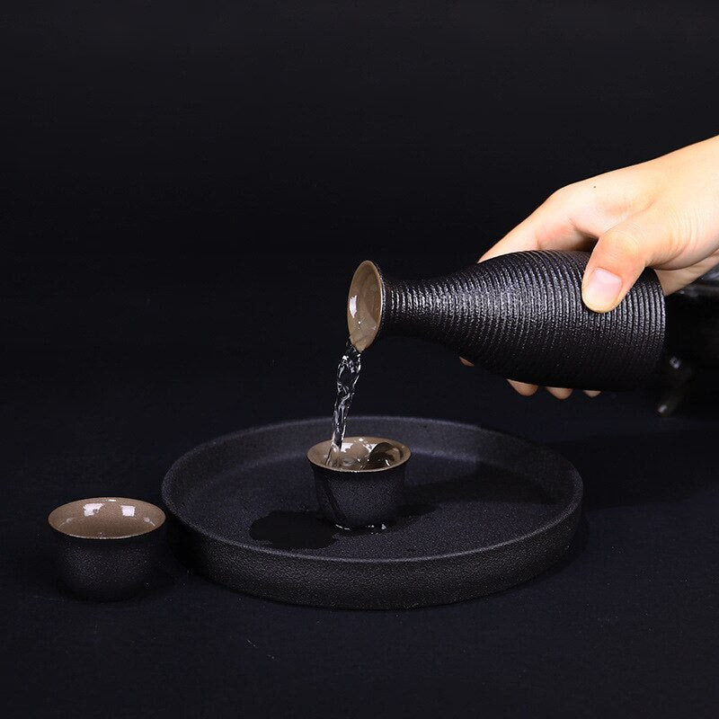 Japanese Style Ceramic Sake Pot Cup Set Black Pottery Liquor Wine Bottle Cups Tray acacuss