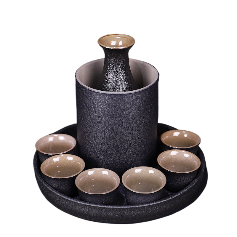 Japanese Style Ceramic Sake Pot Cup Set Black Pottery Liquor Wine Bottle Cups Tray acacuss