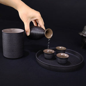 Japanese Style Ceramic Sake Pot Cup Set Black Pottery Liquor Wine Bottle Cups Tray acacuss