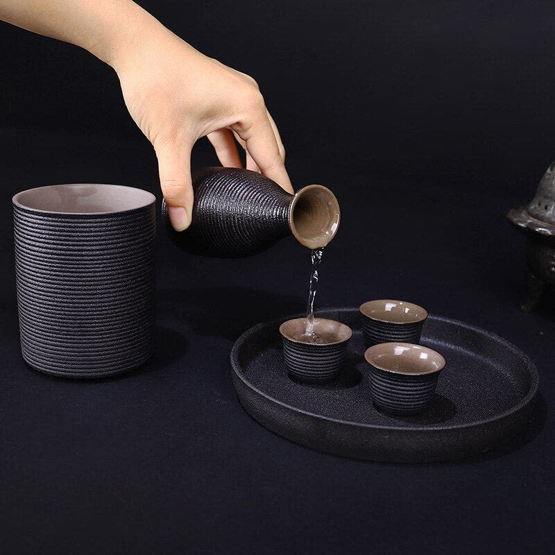Japanese Style Ceramic Sake Pot Cup Set Black Pottery Liquor Wine Bottle Cups Tray acacuss