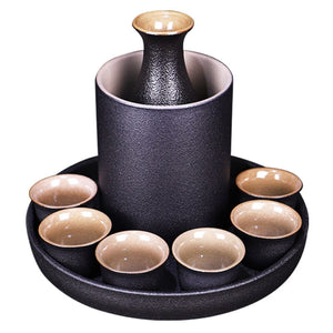 Japanese Style Ceramic Sake Pot Cup Set Black Pottery Liquor Wine Bottle Cups Tray acacuss