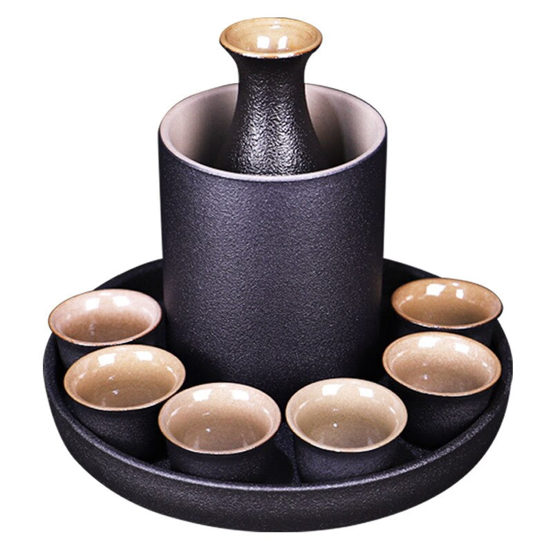 Japanese Style Ceramic Sake Pot Cup Set Black Pottery Liquor Wine Bottle Cups Tray acacuss