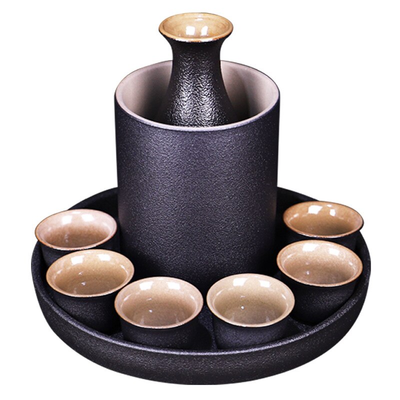 Japanese Style Ceramic Sake Pot Cup Set Black Pottery Liquor Wine Bottle Cups Tray acacuss