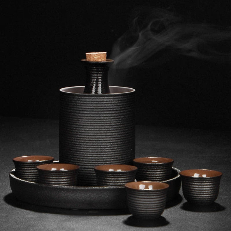Japanese Style Ceramic Sake Pot Cup Set Black Pottery Liquor Wine Bottle Cups Tray acacuss
