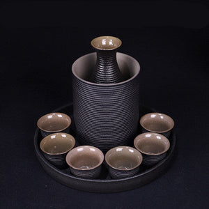 Japanese Style Ceramic Sake Pot Cup Set Black Pottery Liquor Wine Bottle Cups Tray acacuss