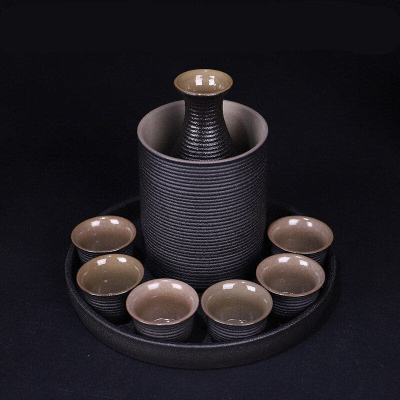 Japanese Style Ceramic Sake Pot Cup Set Black Pottery Liquor Wine Bottle Cups Tray acacuss