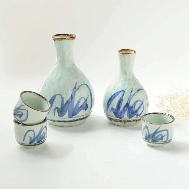 Japanese and Korean Creative Sake Cup Liquor Cup Hand-painted Celadon Jug Wine Set Ceramic Wine Dispenser Sake Set acacuss