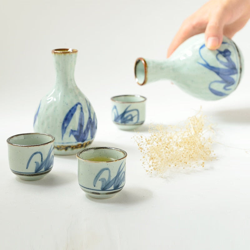Japanese and Korean Creative Sake Cup Liquor Cup Hand-painted Celadon Jug Wine Set Ceramic Wine Dispenser Sake Set acacuss