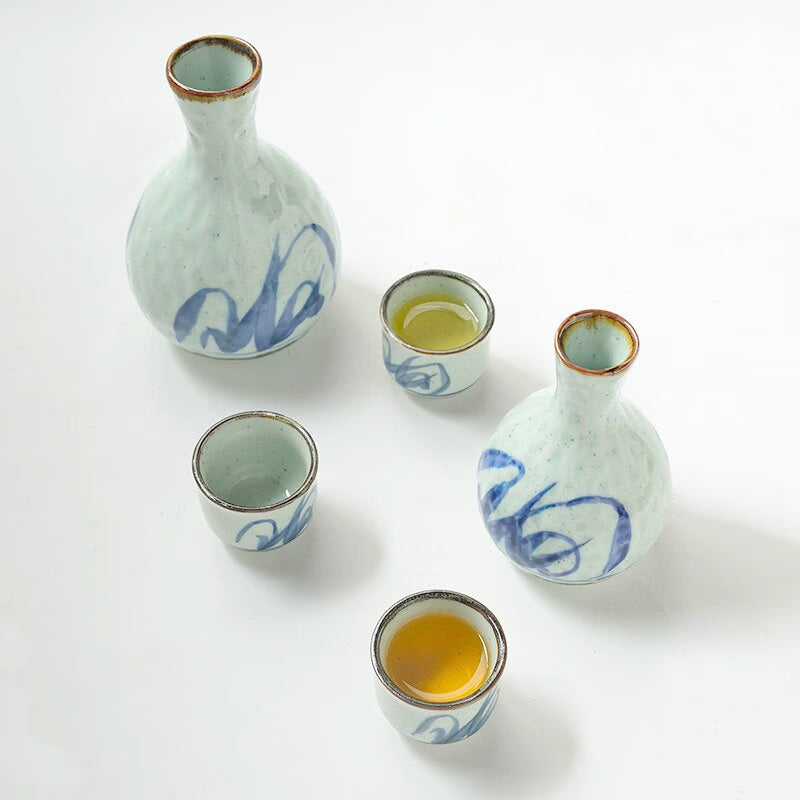 Japanese and Korean Creative Sake Cup Liquor Cup Hand-painted Celadon Jug Wine Set Ceramic Wine Dispenser Sake Set acacuss