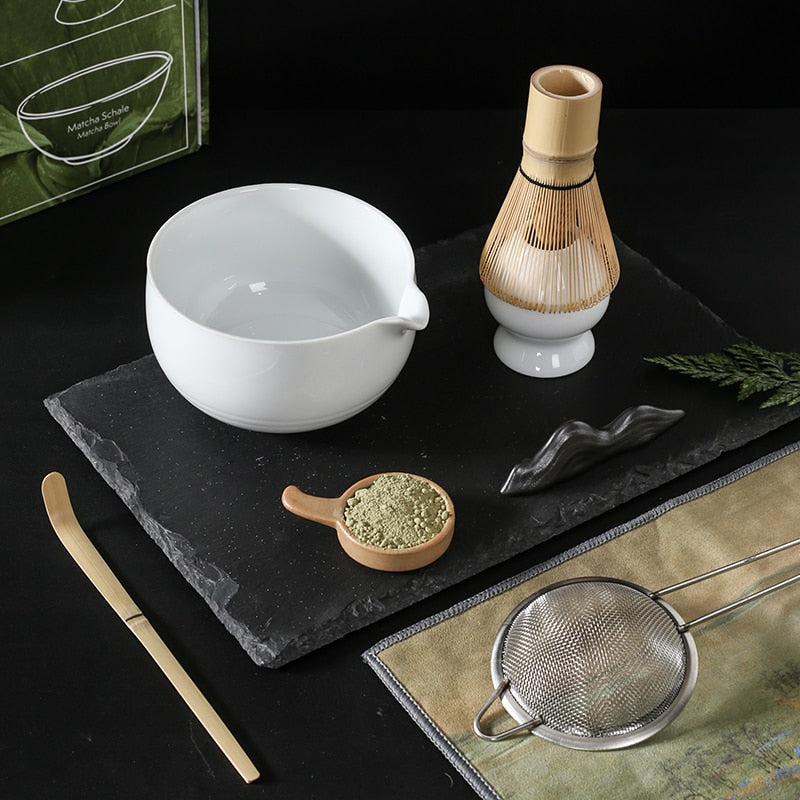 Japanese matcha suits with dumping of mouth of bowl with ceramic egg beater matcha tea spoon of maccha powder compact gift box acacuss