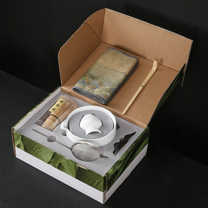 Japanese matcha suits with dumping of mouth of bowl with ceramic egg beater matcha tea spoon of maccha powder compact gift box acacuss