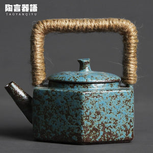 Japanese pottery six-sided beam pot kiln changed retro stoneware handmade ceramic personality pot portable teapot acacuss
