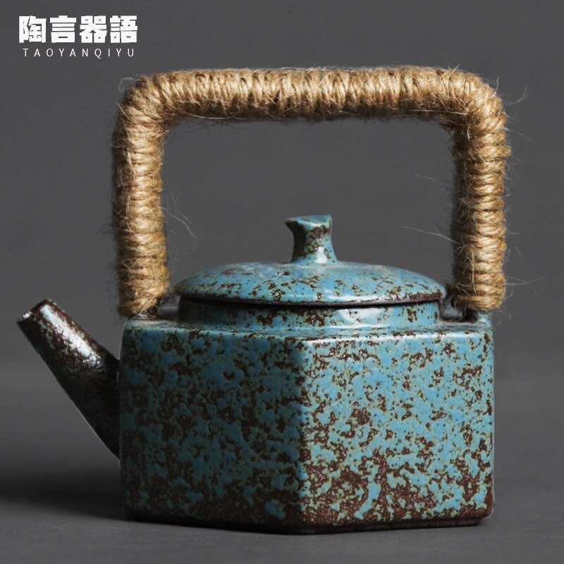 Japanese pottery six-sided beam pot kiln changed retro stoneware handmade ceramic personality pot portable teapot acacuss