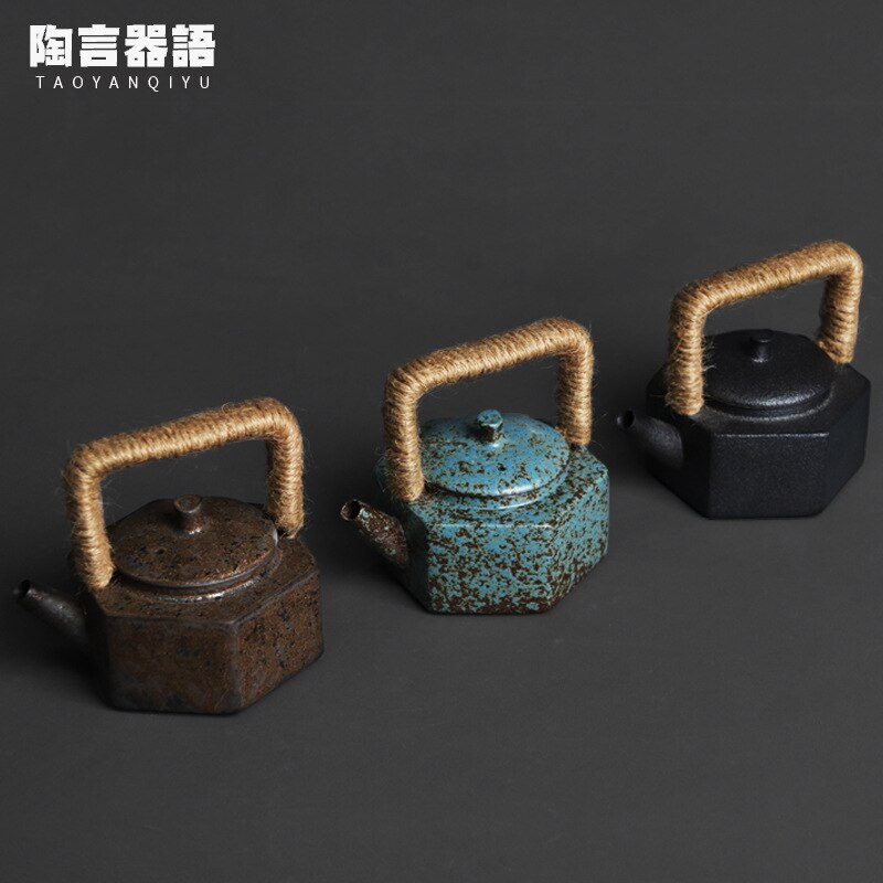 Japanese pottery six-sided beam pot kiln changed retro stoneware handmade ceramic personality pot portable teapot acacuss