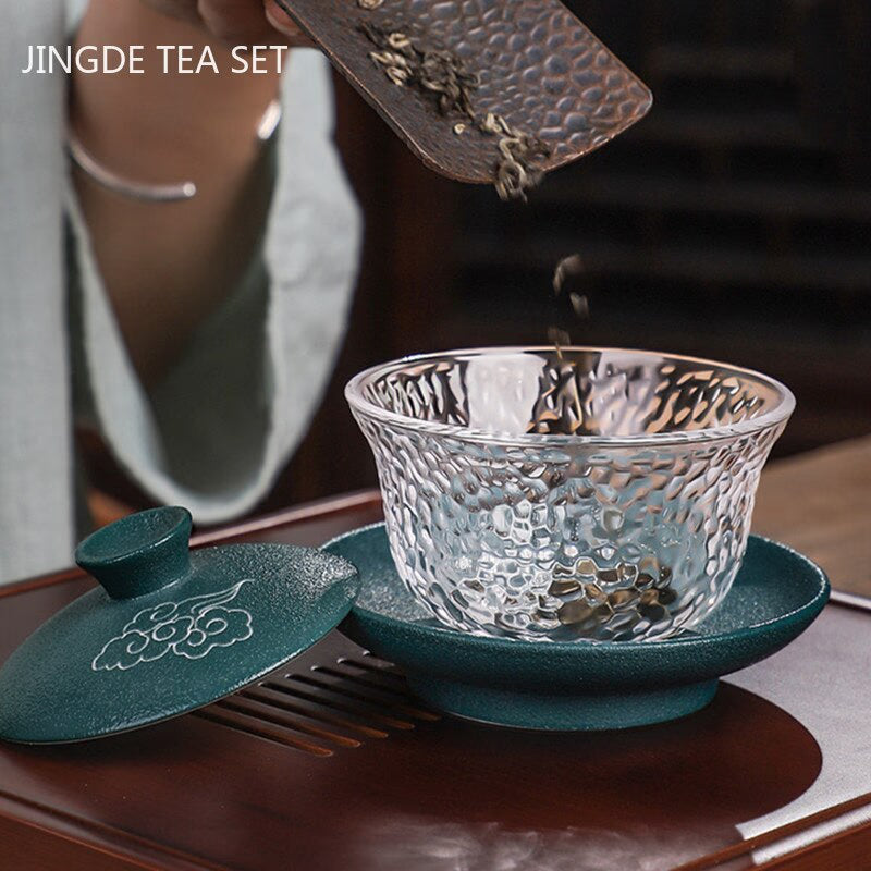 Japanese-style Heat-resistant Glass Gaiwan Ceramic with Cover Teacup Tea Maker Household Transparent Tea Bowl Boutique Tea Set acacuss