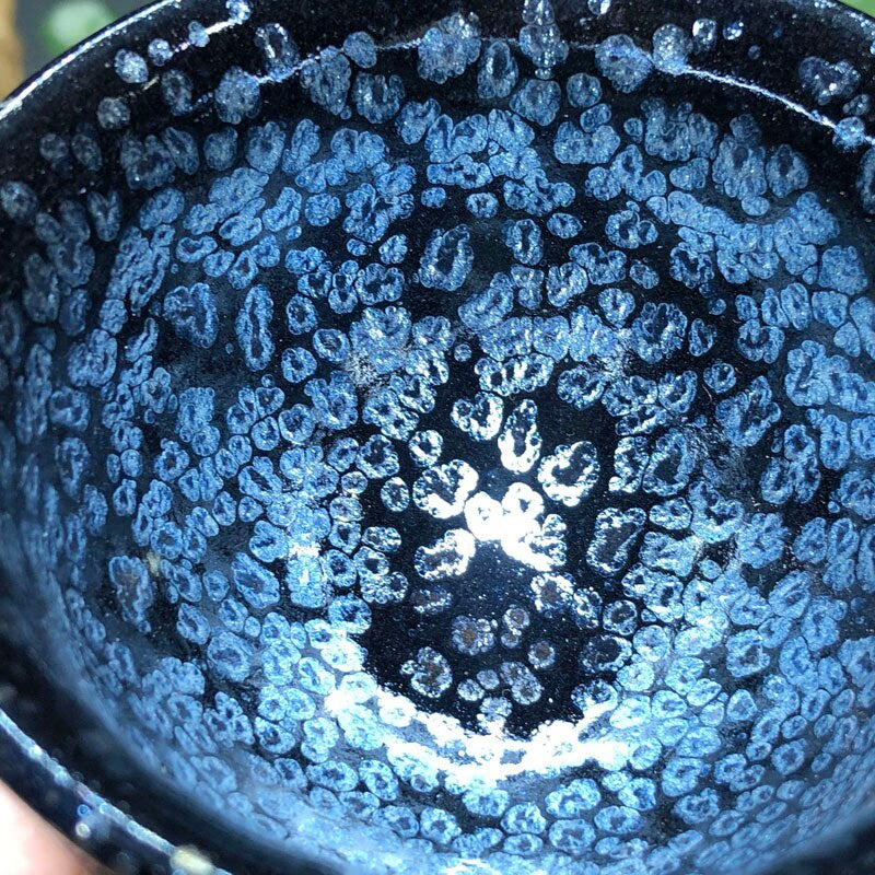 Jianzhan Tenmoku Glaze Tea Cup Pottery Chawan Blue Rare Sky Eye Pattern Handmade Chinese Porcelain Best for Tea Ceremony acacuss