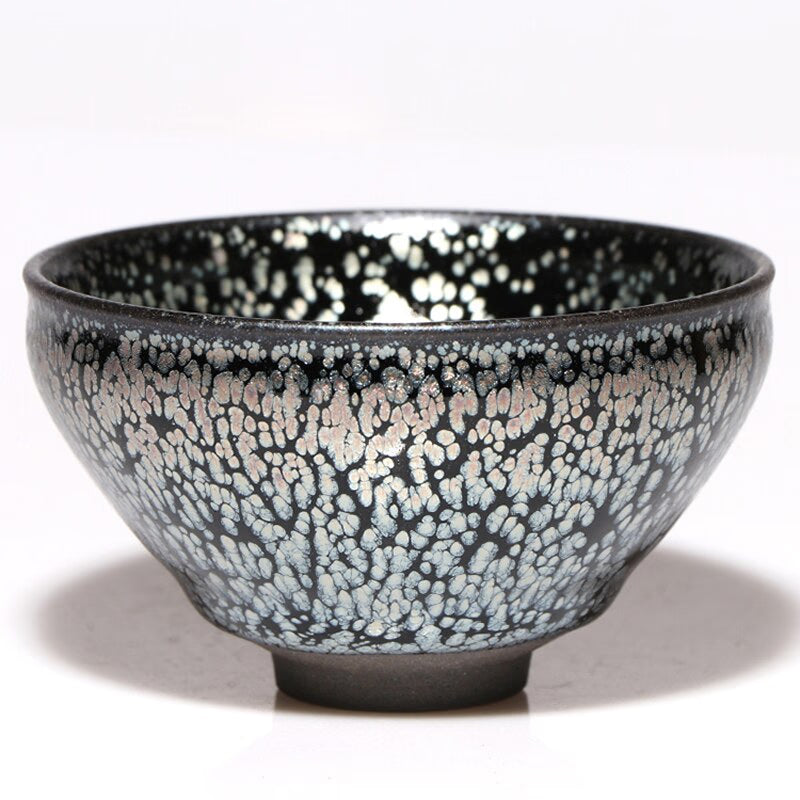 Jianzhan Vintage Cup for Tea Tenmoku Tea Cup Bowl Oil Drop Pattern Glaze Silver in Black Top Grade Handworks acacuss