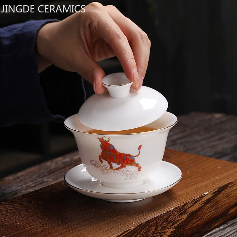 Jingdezhen Ceramic Gaiwan Chinese White Porcelain Teaset Tea Bowl Large Capacity Teacup Saucer Set Home Tea Maker Teaware Gifts acacuss