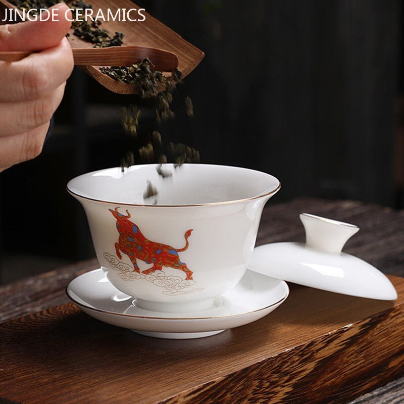 Jingdezhen Ceramic Gaiwan Chinese White Porcelain Teaset Tea Bowl Large Capacity Teacup Saucer Set Home Tea Maker Teaware Gifts acacuss