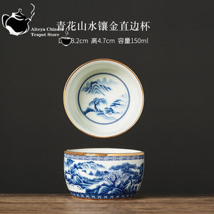 Jingdezhen hand-painted blue and white landscape master cup inlaid with gold ceramic kung fu tea set, tea cup, high-end tea bowl acacuss