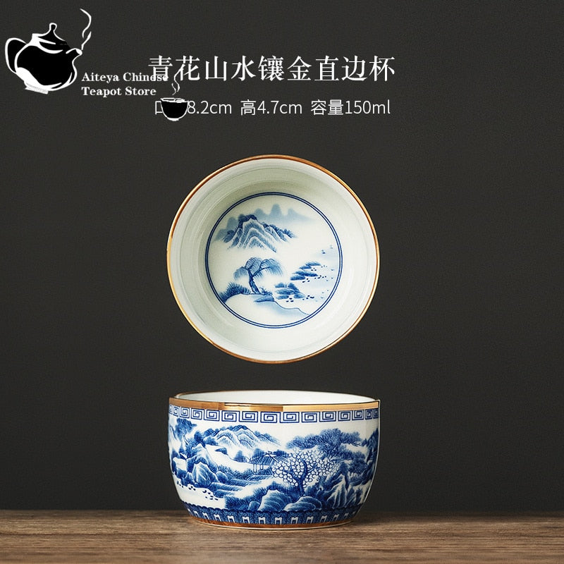 Jingdezhen hand-painted blue and white landscape master cup inlaid with gold ceramic kung fu tea set, tea cup, high-end tea bowl acacuss