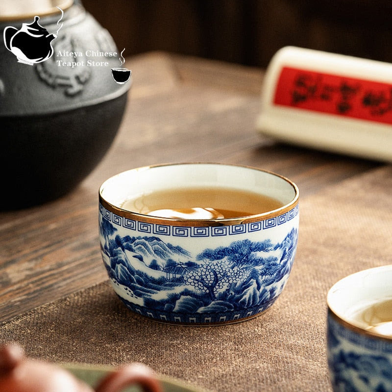 Jingdezhen hand-painted blue and white landscape master cup inlaid with gold ceramic kung fu tea set, tea cup, high-end tea bowl acacuss