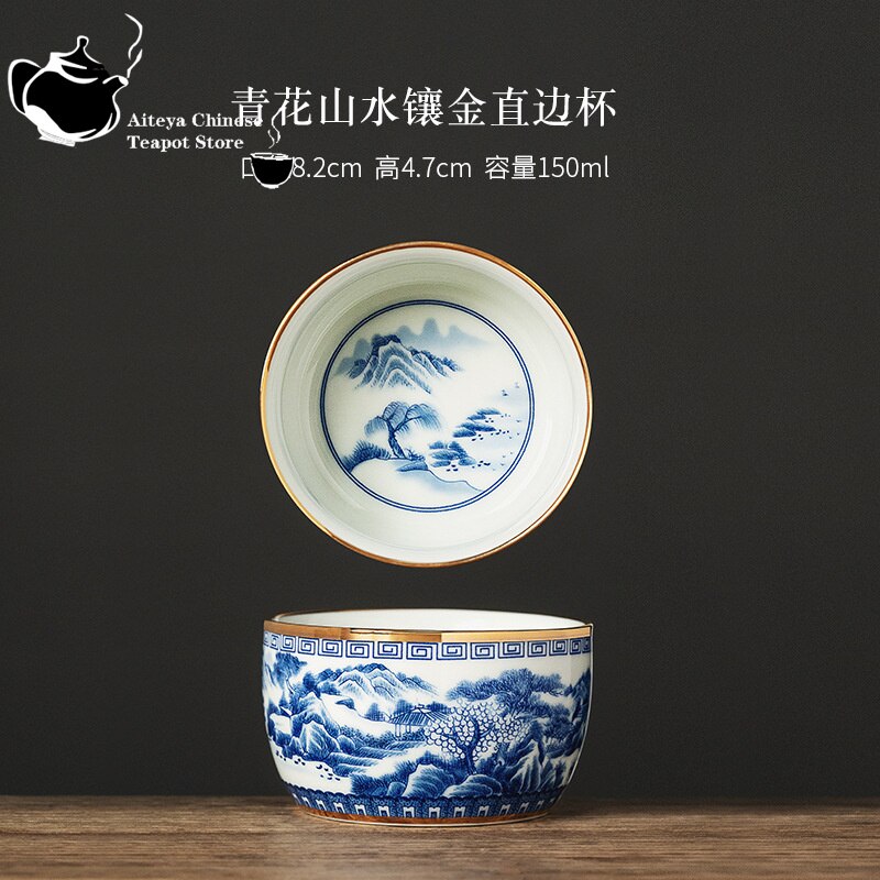 Jingdezhen hand-painted blue and white landscape master cup inlaid with gold ceramic kung fu tea set, tea cup, high-end tea bowl acacuss