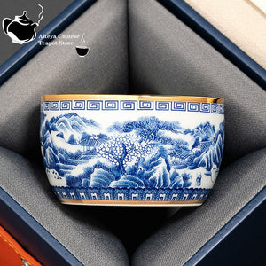 Jingdezhen hand-painted blue and white landscape master cup inlaid with gold ceramic kung fu tea set, tea cup, high-end tea bowl acacuss