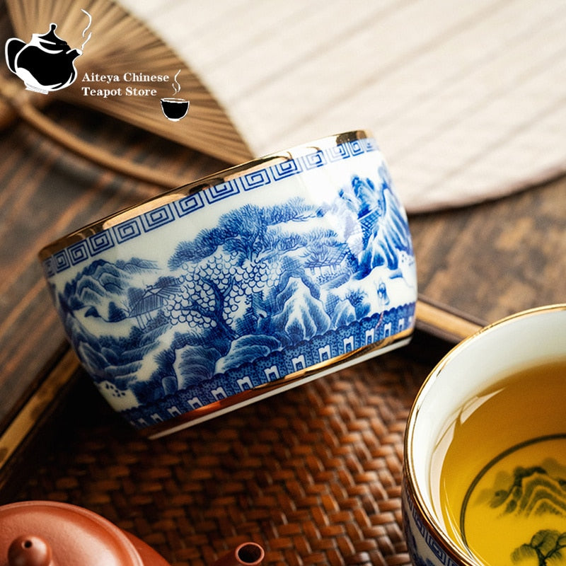 Jingdezhen hand-painted blue and white landscape master cup inlaid with gold ceramic kung fu tea set, tea cup, high-end tea bowl acacuss