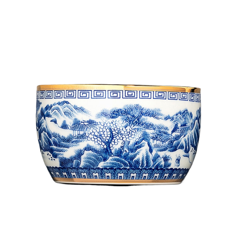 Jingdezhen hand-painted blue and white landscape master cup inlaid with gold ceramic kung fu tea set, tea cup, high-end tea bowl acacuss