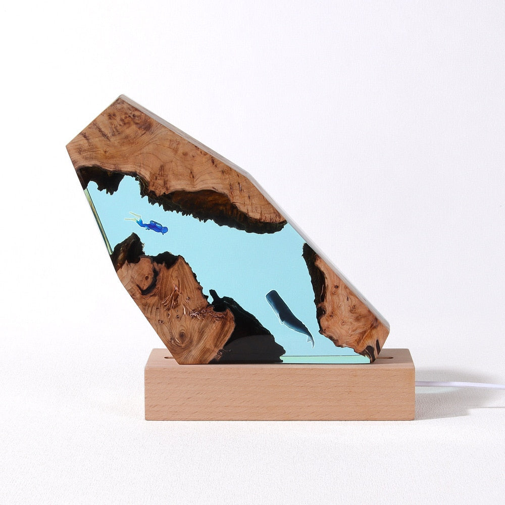 Karst cave whale diver table decoration marine art crafts solid wood resin lamp birthday gift jewelry decoration home acacuss