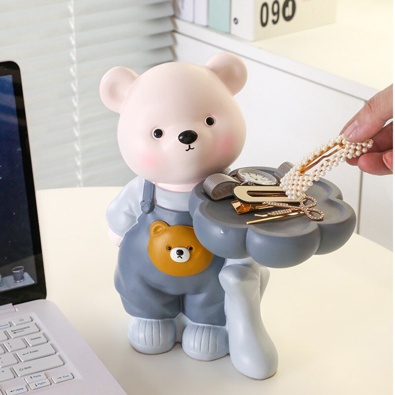 Kawaii Bear Flower Petal Tray Statue Animal Storage Tray Sculpture Ornaments Porch Keys Storage Shelf Desktop Office Home Decor acacuss