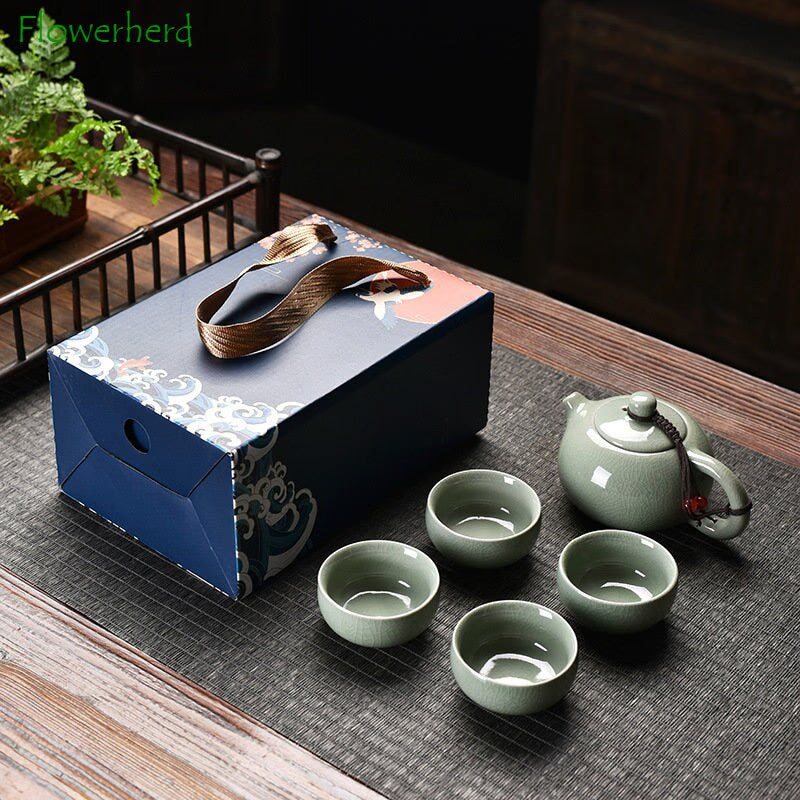 Ke Kiln Chinese Tea Set Teaware Kung Fu Travel Tea Set Gift Box A Teapot with Four Cups Event Gifts Tea Pot and Cup Set acacuss