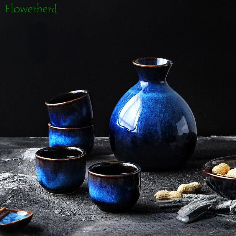 Kiln-to-ceramic Wine Set, Kiln-to-blue, Retro Wine Cup, Household Wine Dispenser, Liquor Jug, Sake Jug, Wine Glass Sake Set acacuss