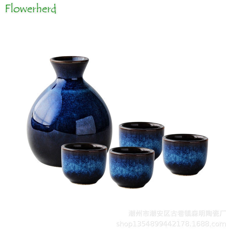 Kiln-to-ceramic Wine Set, Kiln-to-blue, Retro Wine Cup, Household Wine Dispenser, Liquor Jug, Sake Jug, Wine Glass Sake Set acacuss