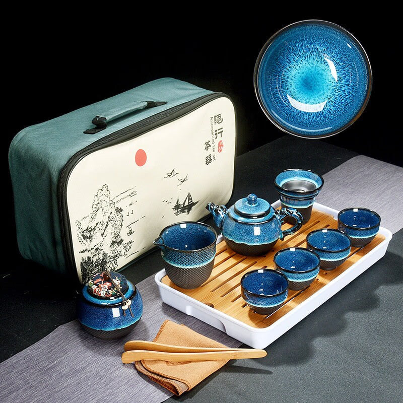 ACACUSS Kung Fu tea set travel bag - Chinese Tea Set Blue Amber Glaze Ceramic Temmoku Glaze Exquisite KungFu Portable Teapot Gaiwan Tea Cups - ACACUSS