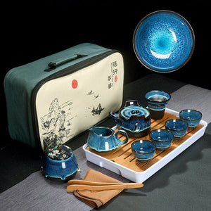 ACACUSS Kung Fu tea set travel bag - Chinese Tea Set Blue Amber Glaze Ceramic Temmoku Glaze Exquisite KungFu Portable Teapot Gaiwan Tea Cups - ACACUSS