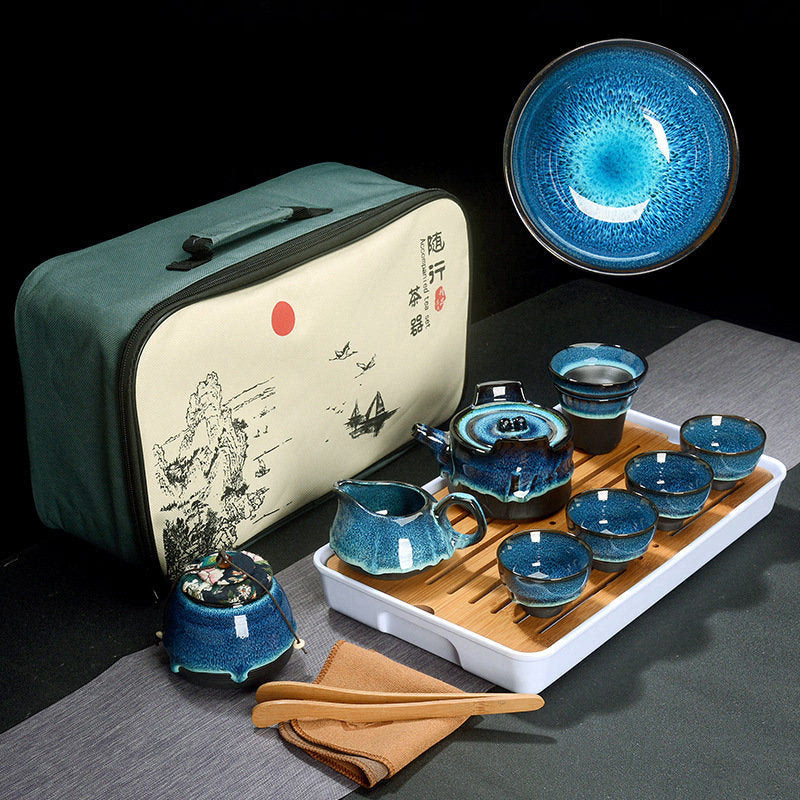 ACACUSS Kung Fu tea set travel bag - Chinese Tea Set Blue Amber Glaze Ceramic Temmoku Glaze Exquisite KungFu Portable Teapot Gaiwan Tea Cups - ACACUSS