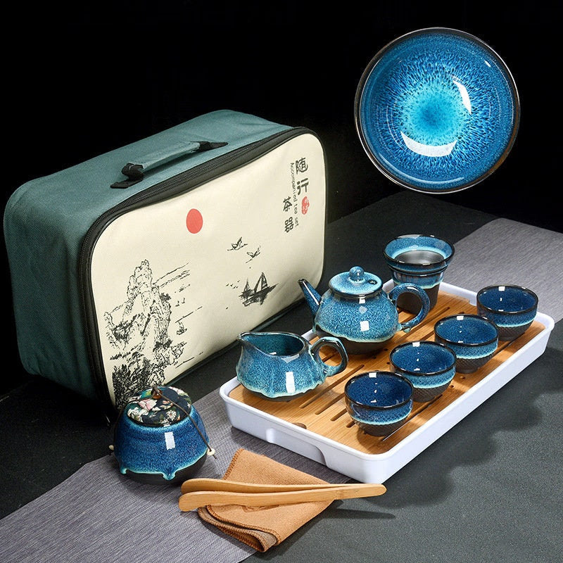 ACACUSS Kung Fu tea set travel bag - Chinese Tea Set Blue Amber Glaze Ceramic Temmoku Glaze Exquisite KungFu Portable Teapot Gaiwan Tea Cups - ACACUSS