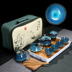 ACACUSS Kung Fu tea set travel bag - Chinese Tea Set Blue Amber Glaze Ceramic Temmoku Glaze Exquisite KungFu Portable Teapot Gaiwan Tea Cups - ACACUSS